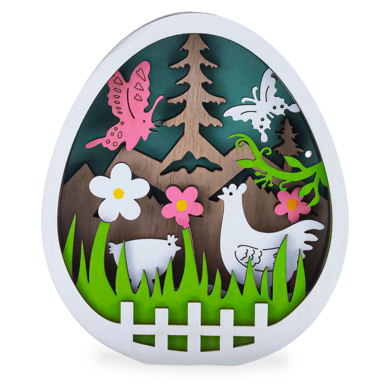 Egg Shape Spring Garden with Butterflies and Chicks Wooden Figurine